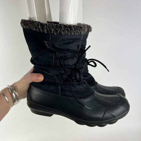 Sperry duck boots womens size 7 black faux fur lined waterproof winter shoes - Picture 10 of 11